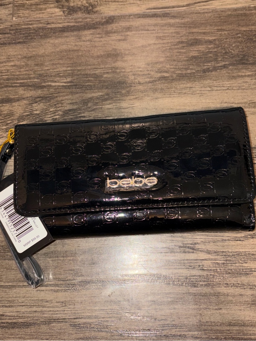 bebe Black Patent Logo Wallet Clutch with Wrist Strap
